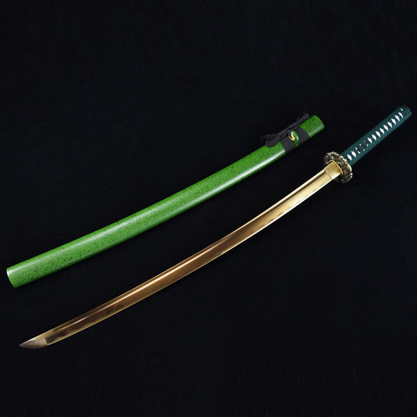 Carbon Steel Green Samurai Sword with Gold Blade