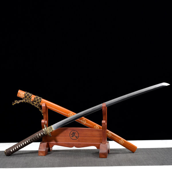 Damascus Steel Orange Japanese Samurai Sword with Brown Handle