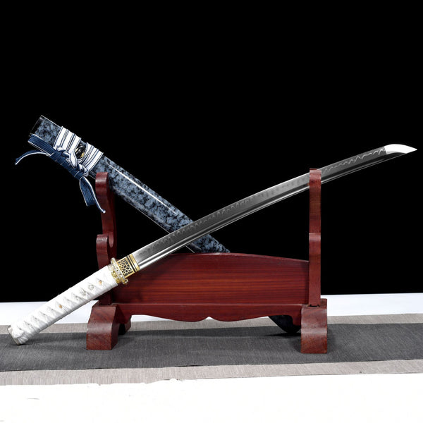 T10 Carbon Steel White Handle Katana with Blue Wooden Sheath