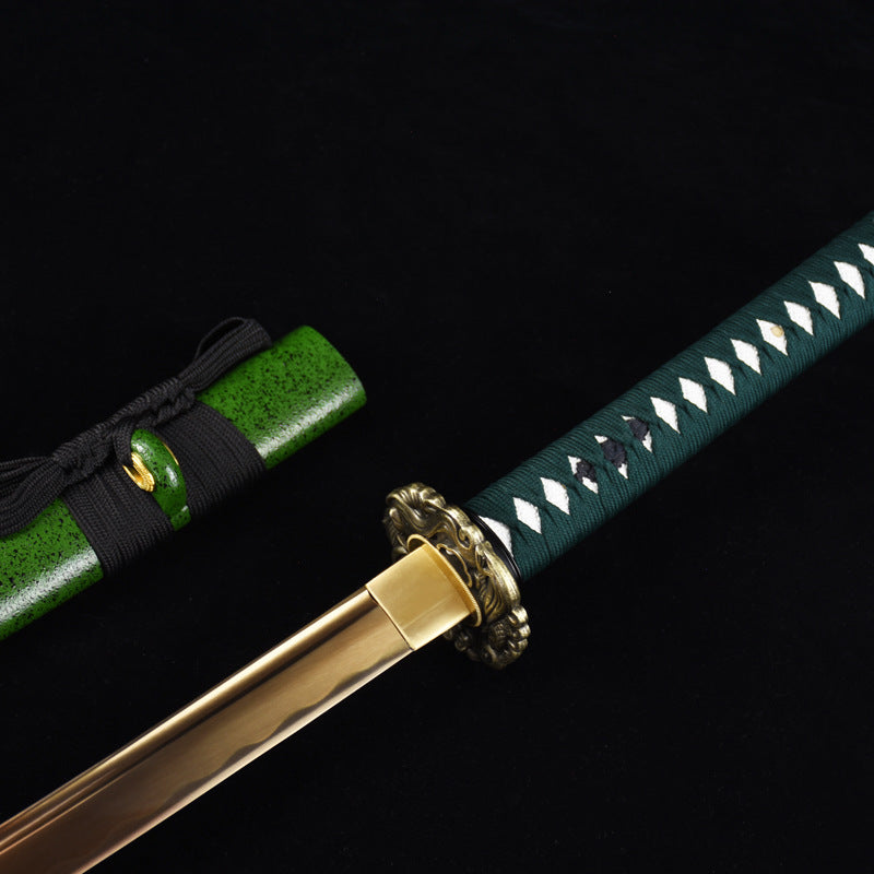 Carbon Steel Green Samurai Sword with Gold Blade