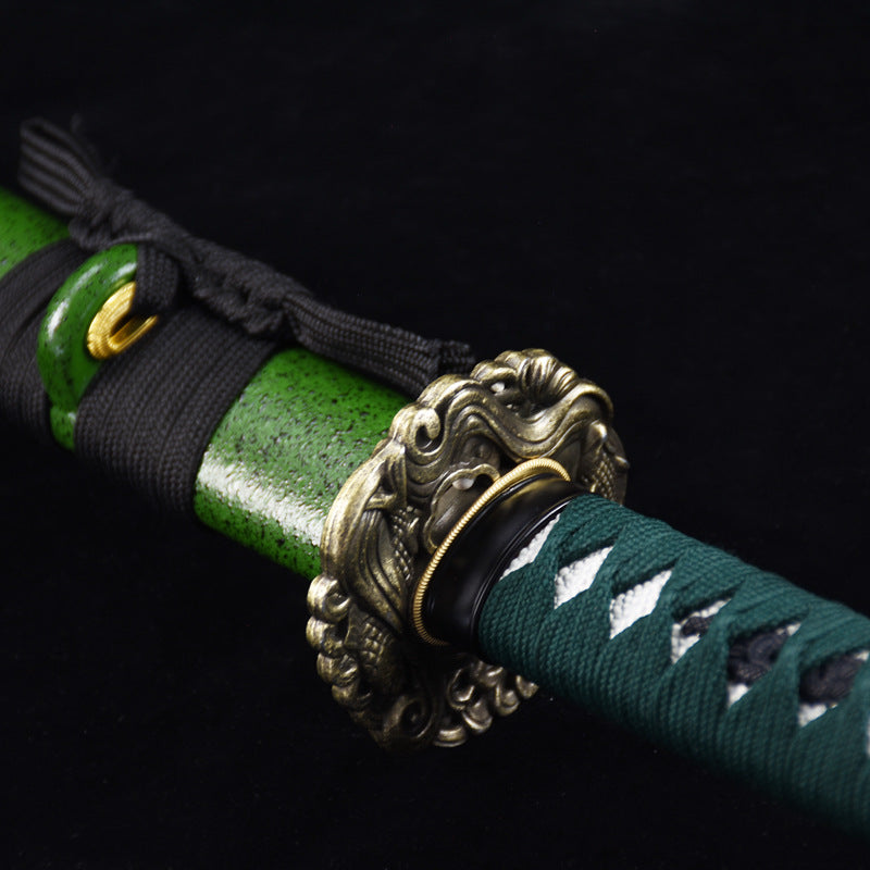 Carbon Steel Green Samurai Sword with Gold Blade