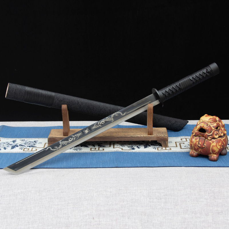 Handmade Black Japanese Ninjato with Dragon Pattern